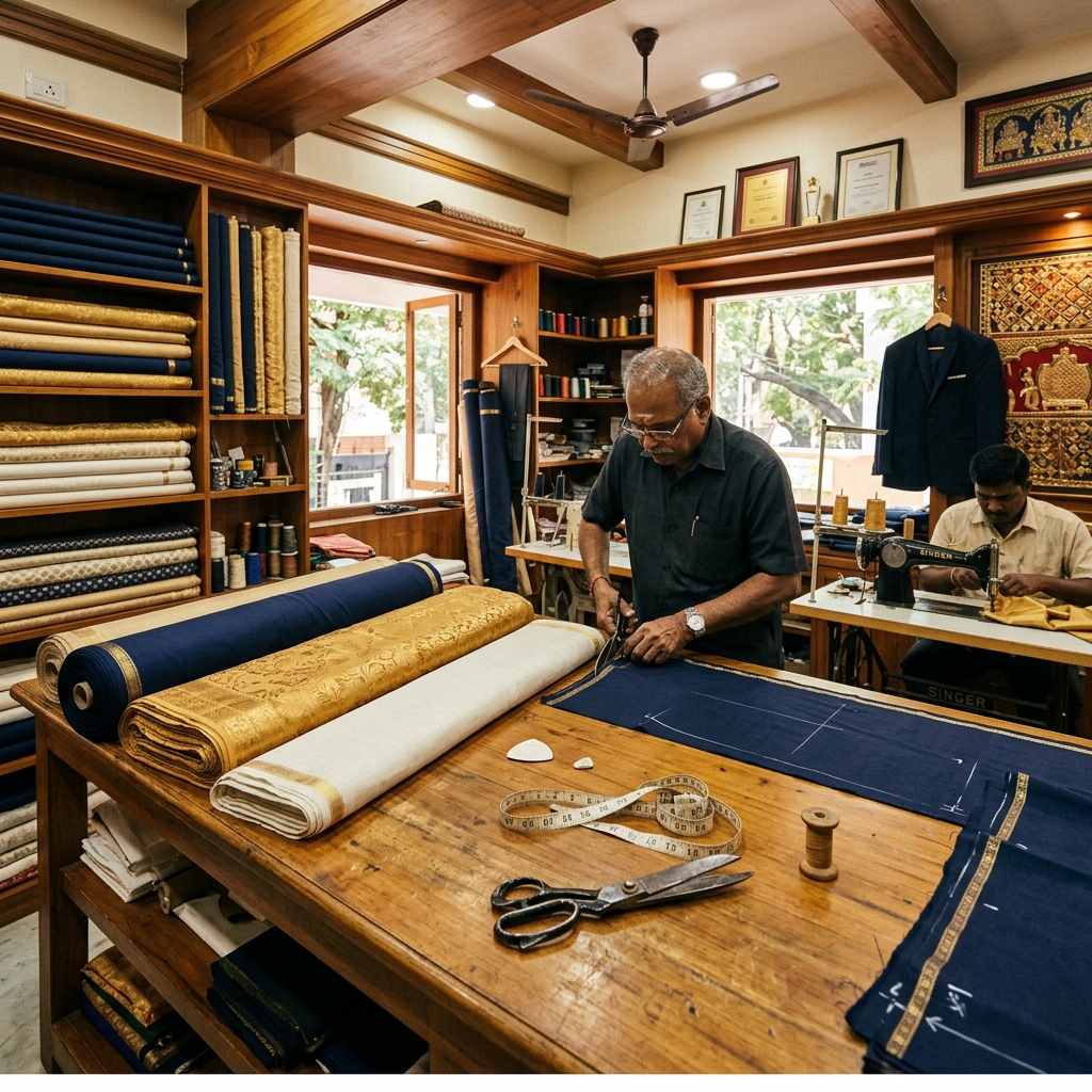 The cutting room at Dain's workshop in Tamil Nadu