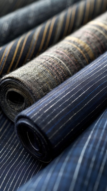 Premium navy pinstripe fabric rolls — Dain's SS'26 collection