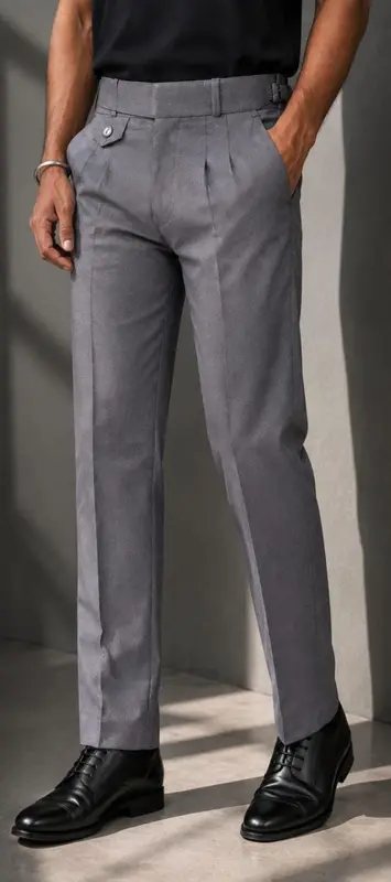 The Gurkha Pant — Double pleated front with signature side tab and buckle waistband